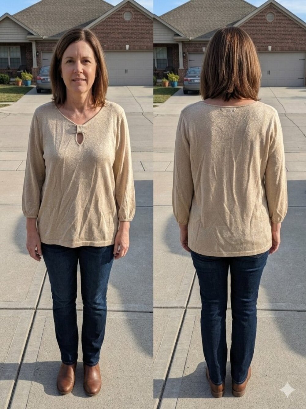 Raisey Gold Metallic Lurex Keyhole Top XL Knit Sparkly 3/4 Sleeve Y2K Vintage